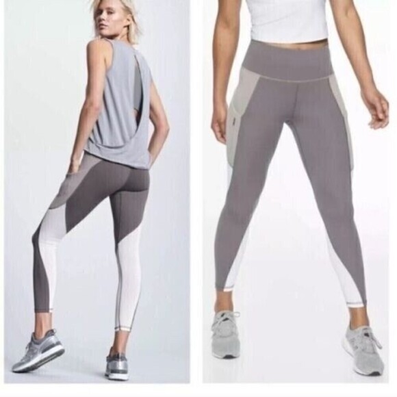 Athleta Colorblock Up for Anything Leggings Gray Grey White Size S Silver Bells - Picture 1 of 14